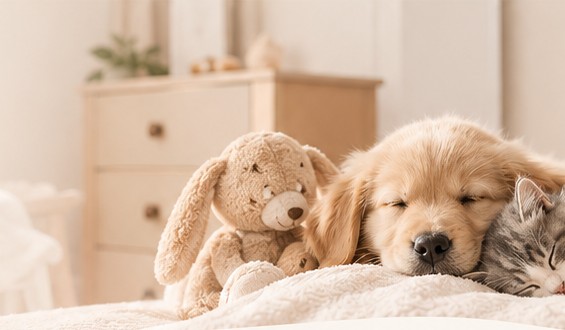 Un chiot et un chaton endormis contre une peluche sur un lit
